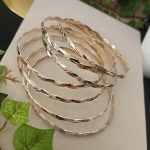 Set of Seven Tricolor Gold Filled Bangle Wave Design Bracelet
